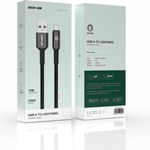 Green Lion USB-A to Lightning Head Braided Cable,Charge & Sync,Secure & Safe,480Mbps Transfer Speed,Wide Compatible,15W Charging,10000 Bends,Durable Zinc Alloy Material - Black