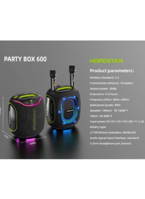 HOPE STAR PARTY BOX 600 With 2 Wireless Mics 300W Party Speaker IPX5 Waterproof Outdoor Speaker Deep Bass DSP/EQ/RGB/Karaoke/TWS - Image 3