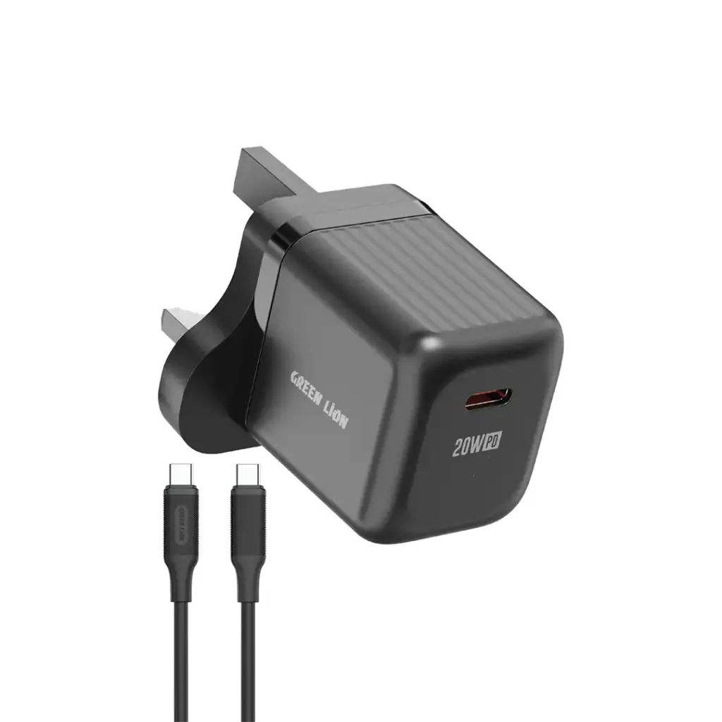 Green Lion G-Charge Series Dual Port Wall Charger 35W UK Plug - Black Green Lion Ultra Compact GaN Wall Charger UK Pin USB-C 20W With C to C - Image 1